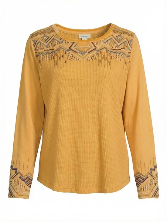 NWT Sundance Women XL Mustard Aztec Embroidered Waffle Knit Thermal Top - Picture 1 of 11